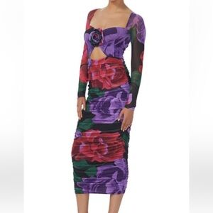 AFRM Womens Sierra Rosette Floral Cut Out Long Sleeve Bodycon Midi NEW Dress S